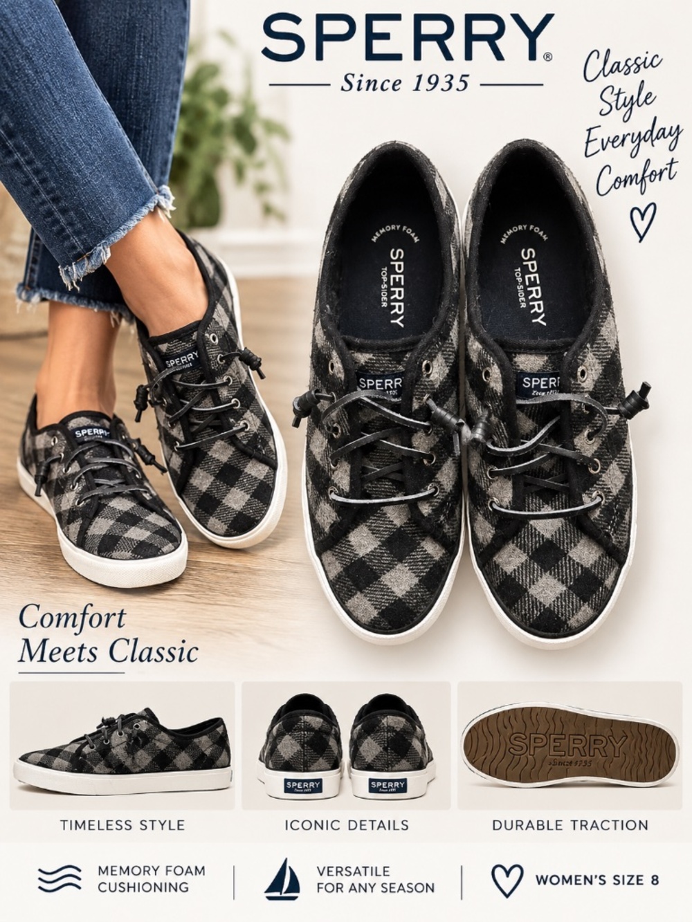 Sperry Top-Sider Plaid Sneakers Women’s Size 8 Memory Foam